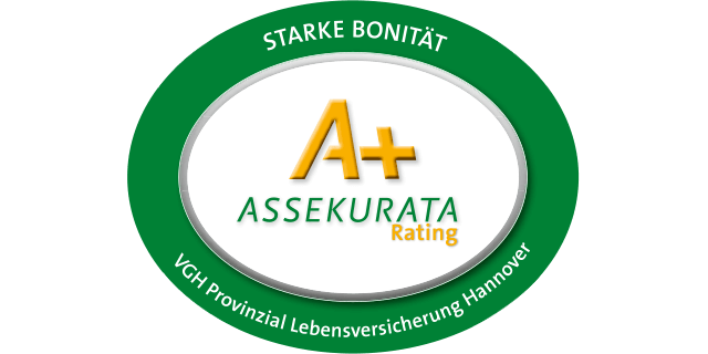 Logo mit der Bewertung A+ für die VGH Provinzial Lebensversicherung Hannover, mit dem Hinweis auf starke Bonität.